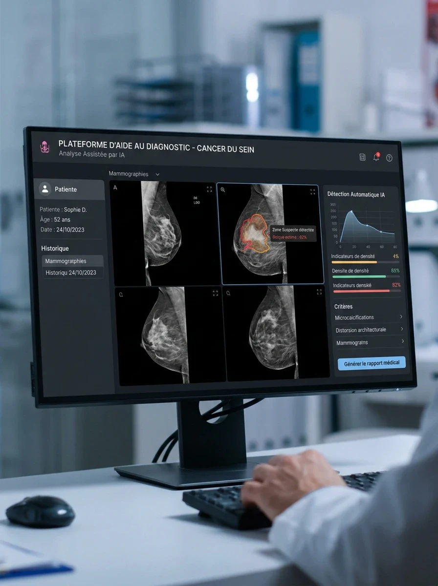 Breast cancer diagnosis platform showing mammograms with an AI-detected suspicious area
